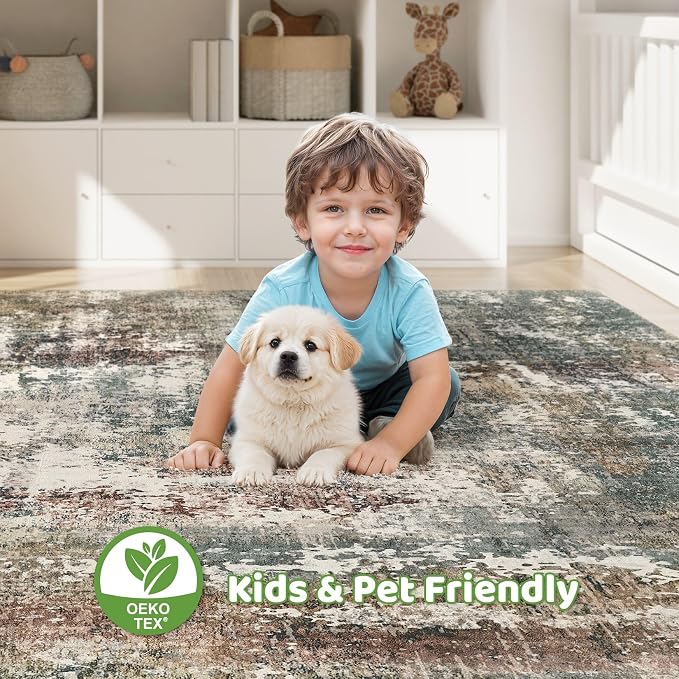 7x9 Area Rug Washable Rugs: Living Room Large Abstract Modern Soft Stain Resistant Indoor Floor Non-Slip Accent Carpet for Bedroom Nursery Playroom Office Dining Room Dorm Home House- Green Red