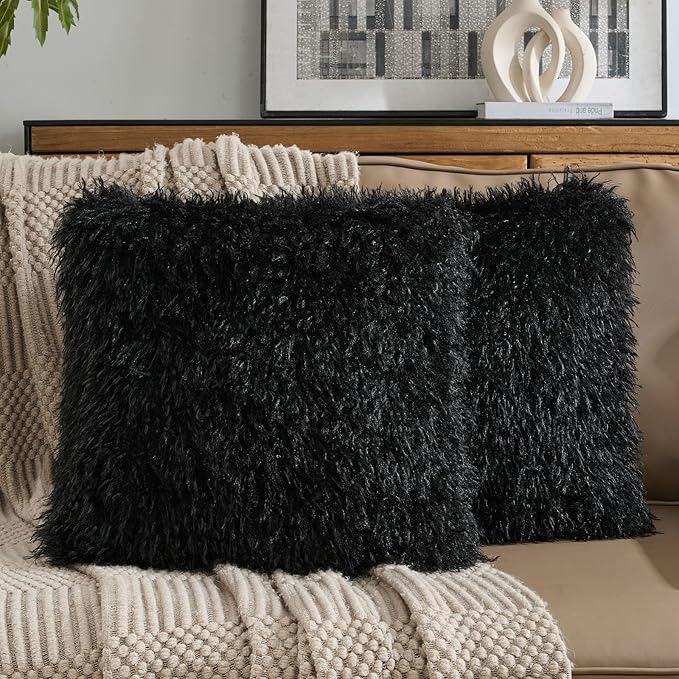 FUTEI Pack of 2 Shaggy Mongolian Faux Wool Throw Pillow Covers 18x18 Inch Soft Fluffy Farmhouse Decorative Cushion Case for Couch Bed Living Room, Black