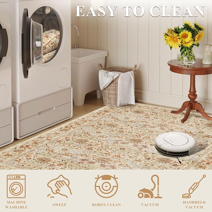 DUKINO 8x10 Area Rugs, Vintage Floral Washable Rug for Living Room, Beige | Non Slip, Low Pile, Non-Shedding, Stain Resistant, Aesthetic Soft Indoor Large Carpet for Bedroom, Dining Room, Farmhouse