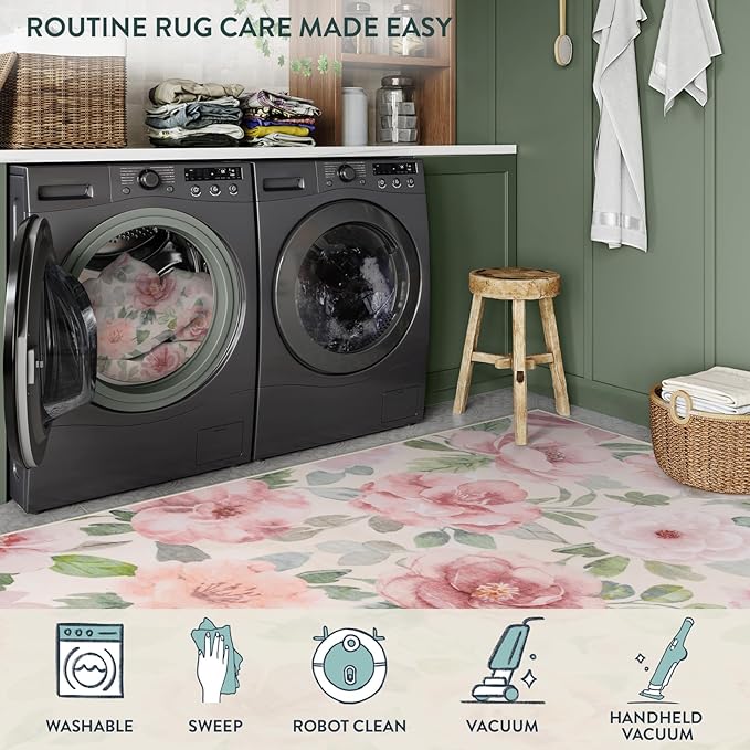 Lahome Floral Nursery Rug 5x7, Soft Boho Pink Rugs for Girls Bedroom | Low Pile Large Living Room Rug, Home Decor Carpet for Dining Room Kids Playroom Farmhouse, Beige/Multi