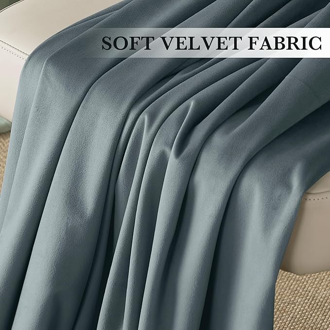 RYB HOME Dusty Blue Velvet Curtains for Bedroom Living Room, Thermal Insulated Privacy UV Heat Blocking Luxurious Soft Rod Pocket Back Tab Drapes for Nursery, 52" W x 100" L, 2 Panels