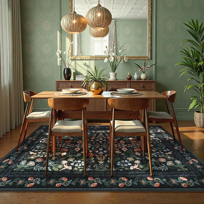 Lahome Black Floral Washable Area Rug 9x12, Extra Large Non Slip Stain Resistant Carpet for Living Room Dining Room, Low-Pile Soft Botanical Rug for Bedroom Office, Machine Washable Home Decor, Black