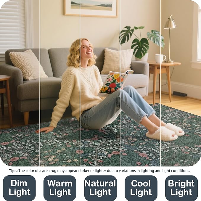 Vintage Green Living Room Rug, 5x7 Washable Area Rugs for Dining Room Under Table, Soft Low Pile Large Carpet Bedroom, Non-Slip Boho Floral (5 x 7 Green)