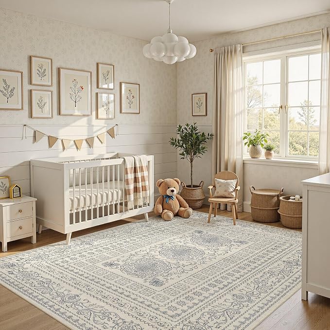 Nakagishi 6x8 Area Rugs Living Room: Washable Large Vintage Rug Neutral Non-Slip Soft Stain Resistant Indoor Carpet for Bedroom Nursery Dining Room Office Playroom - Blue/Beige