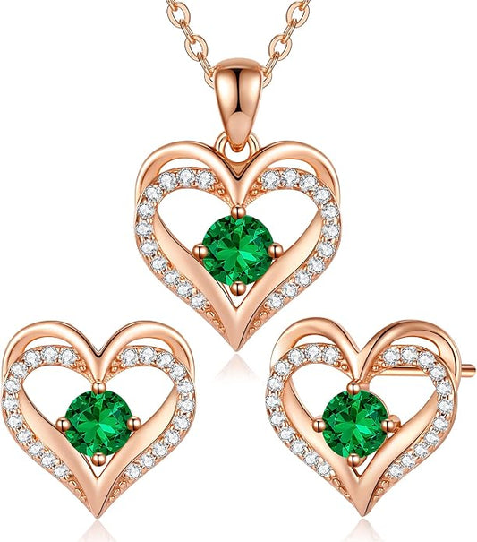 CDE Jewelry Sets for Women Love Heart Pendant Necklaces Earrings, 925 Sterling Silver with Birthstone Zirconia, Birthday Jewelry Gift for Wife Girlfriend Her