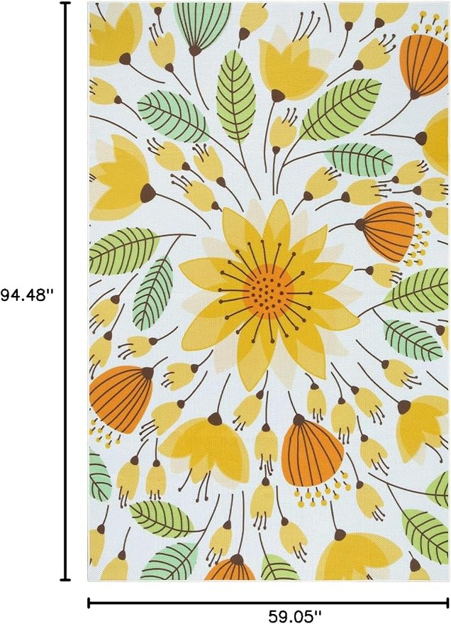 Lahome Floral Indoor Outdoor Rug, 5x8ft Non-Slip Outdoor Patio Rug for Camping Picnic, Portable Outdoor Carpet for Balcony Deck Backyard, Large RV Outdoor Rugs for Living Room Bedroom,Yellow