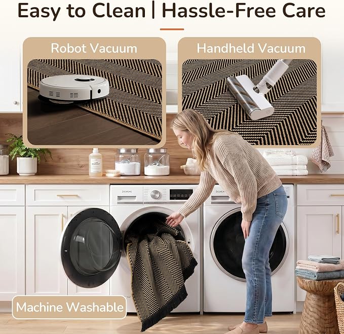 2x3 Washable Boho Area Rug with Tassels for Living Room Black Beige | Vacuum Friendly, Machine Washable, Non-Slip Entry Rug, Modern Farmhouse Neutral Decor Carpet, Entryway Kitchen Bathroom