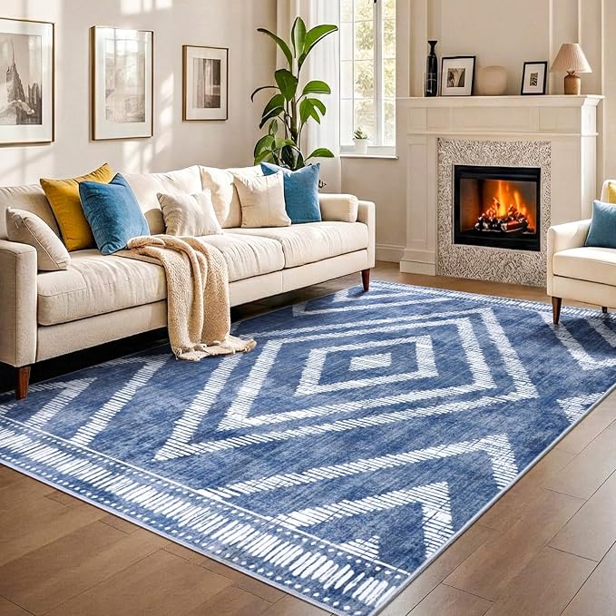 Boho Washable Rugs 5x7ft for Living Room, Low Pile Blue Bedroom Area Rug Non Slip, Moroccan Soft Kids Nursery Area Carpets for Dining Room Playroom Kitchen Home Office Decor