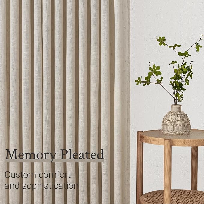 96 Inches Long Pleated Sheer Curtains,Oatmeal Linen Blended Light Filtering Window Curtains 96 Length 2 Panels for Living Room Bedroom Pinch Pleat Drapes with Hooks 2 Panels 40" Wx96 L,Light Camel