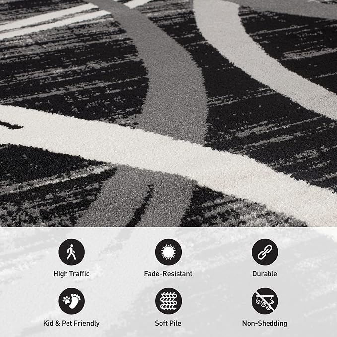 Rugshop Wavy Circles Modern Fade-Resistant Runner Rug Black 2' x 10'