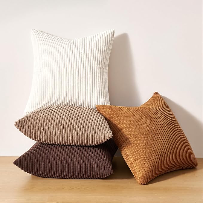 Topfinel 24 by 24 Gold Brown Gradient Farmhouse Pillow Case Pillow Covers Set of 4 Rustic Modern Soft Corduroy Striped Decorative Cushion Cover for Sofa Couch Living Room Bedroom