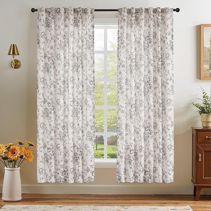 jinchan Black Floral Linen Curtains 72 Inch Farmhouse Back Tab 2 Panels | Light filtering drapes, semi sheer, farmhouse, cottagecore, rustic, living room, bedroom, rod pocket, window treatment
