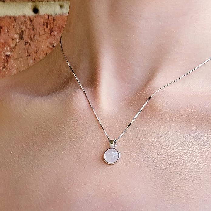 Natural gemstone 8mm round pendant with white gold over 925 sterling silver bezel cabochon plate and box chain, real genuine dainty birthstone gift for her, uniquelan jewelry