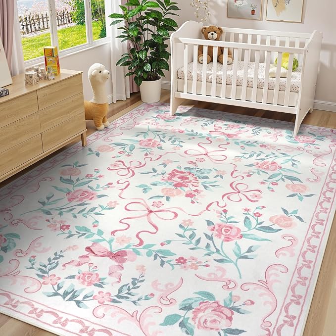 Collive Pink 8X10 Rugs for Living Room, 8x10 Bow and Floral Washable Area Rug Non Slip, Soft Boho Indoor Decor Elegant Carpet for Bedroom Kids Room Nursery Dining Room