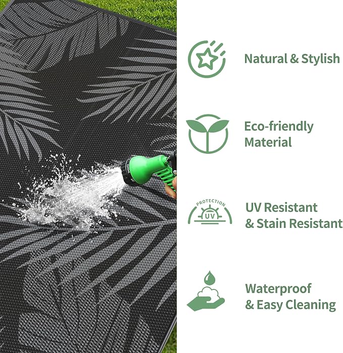 GENIMO Outdoor Rug, Waterproof Plastic Rugs 10'x14' for Camping Black Grey | Outside Larger Leaf Carpet Mat for Porch Decor, Deck, Camping, RV, Backyard, Balcony, Picnic, Beach, Reversible, Foldable