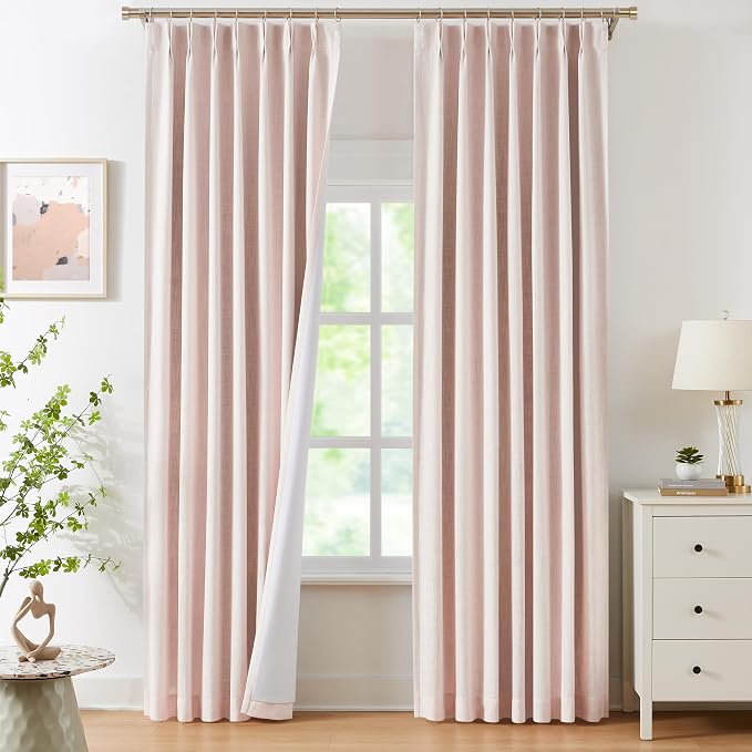 WEST LAKE Bailey Pinch Pleat Full Blackout Curtains 90 Inches Long | Pink Linen Textured Room Darkening Drapes with Back Tab for Girls Room Bedroom,Rustic Window Treatment,40"Wx90"Lx2