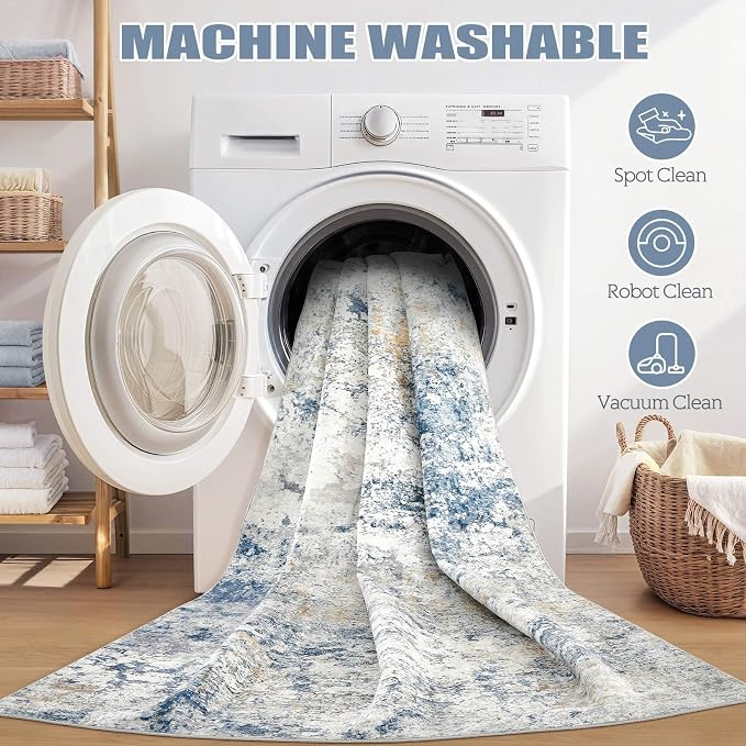 DMOYEST Area Rug Living Room Rugs - 8x10 Abstract Large Soft Indoor Washable Rug Neutral Modern Low Pile Carpet for Bedroom Dining Room Farmhouse Home Office - Blue