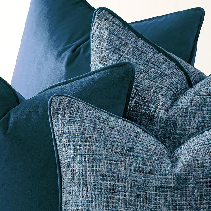 a moment Blue 4 Pack Throw Pillow Covers - Chenille & Velvet Set with Piping, Farmhouse Textured Design Pillow Cases for Couch Sofa Bed Livingroom (16x16 Inch, No Insert)