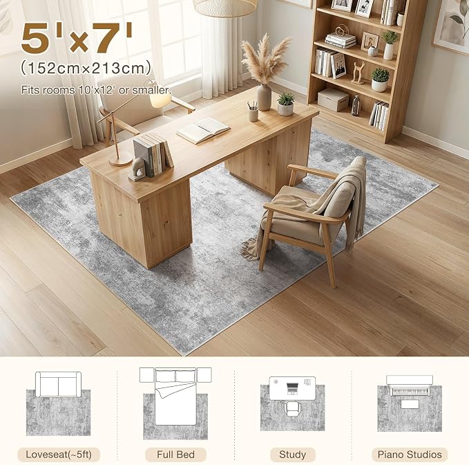 cotiled 5x7 Area Rugs Abstract Soft Non Slip Washable Living Room Rug | Stain Resistant, Robot Vacuum & Pet Friendly, Low-pile, For Living Room, Bedroom, Dining Table, Nursery Grey