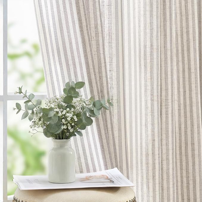jinchan Linen Curtains 84 Inch Taupe Grey Stripe on Beige Grommet 2 Panels | Curtains for Living Room Bedroom,Ticking Stripe Pattern,Farmhouse Cottage Core Rustic, Window Treatment,Light Filtering