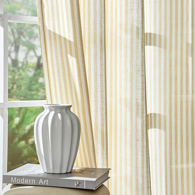 jinchan Linen Curtains 84 inch Yellow Stripe on White Grommet 2 Panels | Curtains for Living Room Bedroom,Ticking Vertical Stripe Pattern,Modern Farmhouse Drapes, Window Treatment,Light Filtering