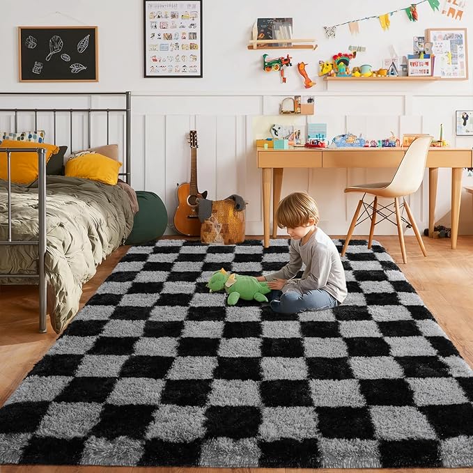 Pionblank Checkered Rug for Bedroom 4x6, Modern Shag Carpet, Soft Plush Non Slip Fluffy Rugs for Living Room Kids Room Home Decor, Black and Grey