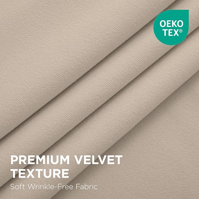 Joydeco 100% Blackout Velvet Curtains Light Beige 120 Inch Back Tab | Luxury Thermal Insulated Velvet Curtains for Bedroom Living Room, Soundproof Blackout Window Drapes