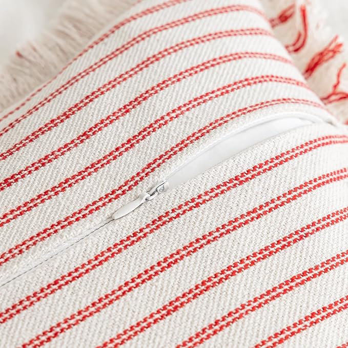 YEENAASY Throw Pillow Covers 24x24 Set of 2 Striped Fringe Pillow Cover Farmhouse Cushion Covers with Tassel Neutral Boho Pillows Decorative Square Pillowcase for Couch Sofa Bed, Red