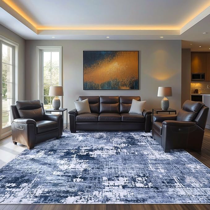 DMOYEST Area Rug Living Room Rugs - 10x14 Washable Large Soft Indoor Neutral Modern Abstract Low Pile Rug Carpet for Bedroom Dining Room Farmhouse Home Office - Navy Blue