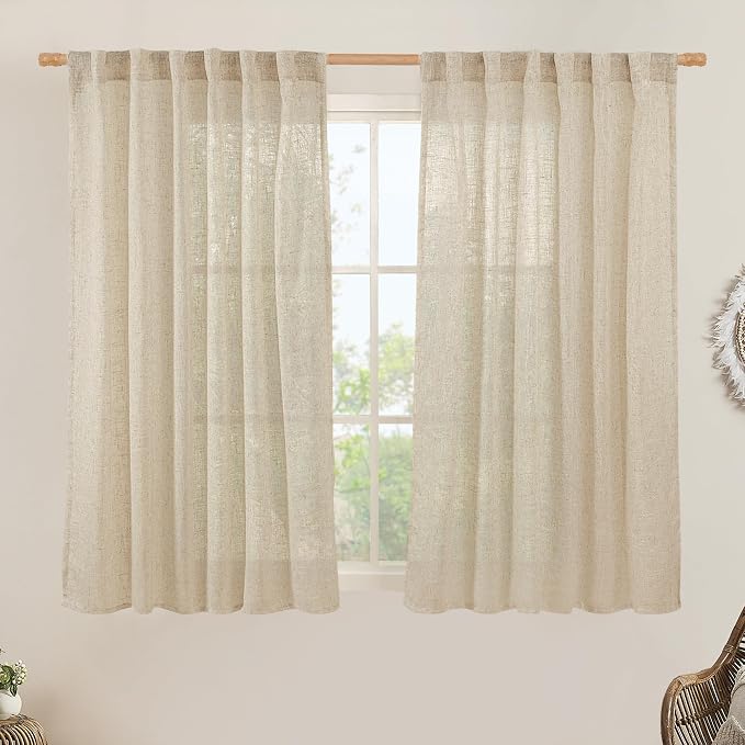 LAMIT Linen Semi Sheer Curtains 48 Inch for Bedroom, Light Filtering Neutral Window Curtains Farmhouse Boho Back Tab and Rod Pocket Panels, Linen, 2 Panels, 52 x 48 Inch