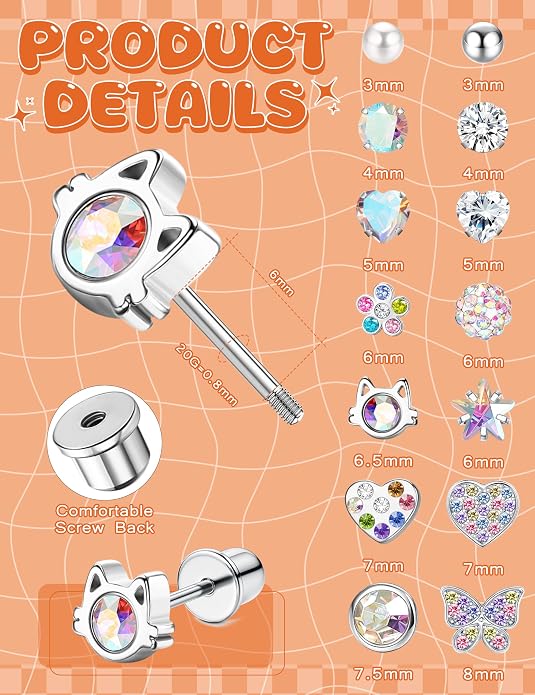 LOYALLOOK 14Pairs Hypoallergenic Screwback Earrings for Women Girls Tiny CZ Pearl Ball Heart Flower Screw Back Earring Studs 316L Stainless Steel Stud Earrings Flatback 20G Over 3 Years Old