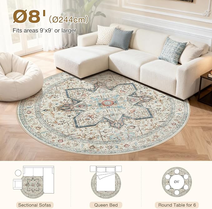 Tortania 8' Round Area Rug Living Room Rugs - Washable Boho Rug Vintage Oriental Distressed Farmhouse Large Thin Indoor Carpet for Bedroom Under Dining Table Home Office - Aqua Multi