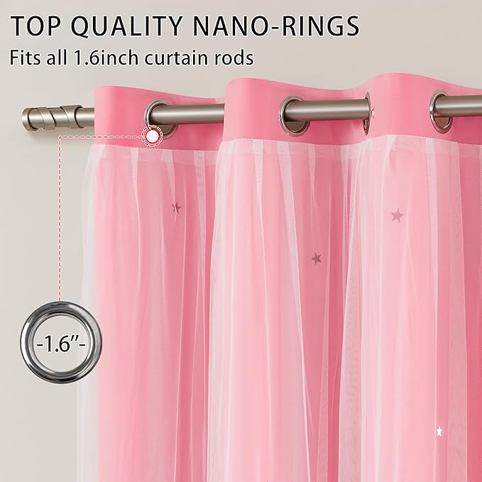 XiDi Pink Blackout Curtains 90 Inches Long for Girls Bedroom, Nursery Kids Room Star Curtains Unicorn Princess Theme Decor, Room Darkening Grommet Window Curtains 2 Panels Blush Baby Pink 42WX90L