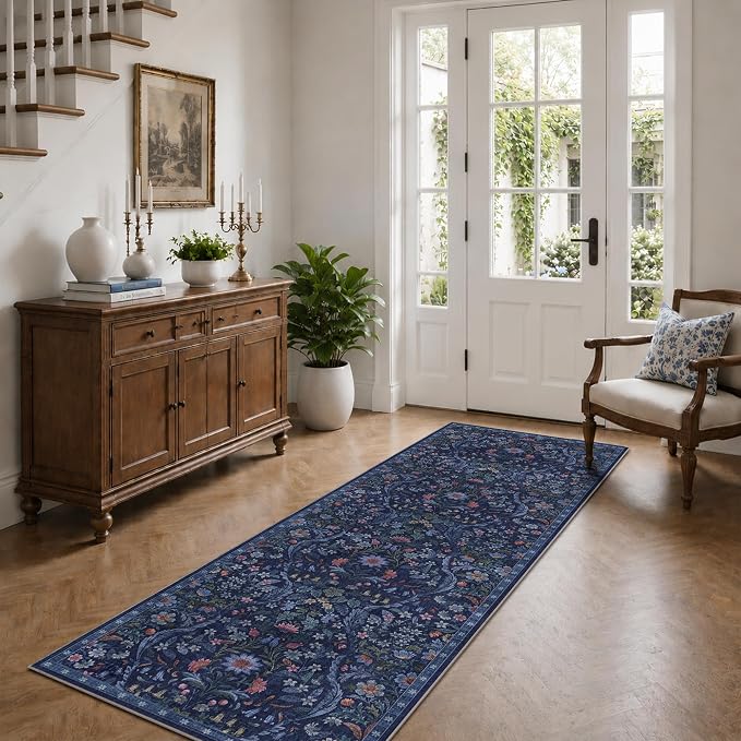 2x6 Washable Runner Rug,Blue Floral Long Rugs for Hallway, Soft Low-Pile Non-Slip Stain Resistant Carpet for Kitchen,Bedside,Laundry Room,Entryway