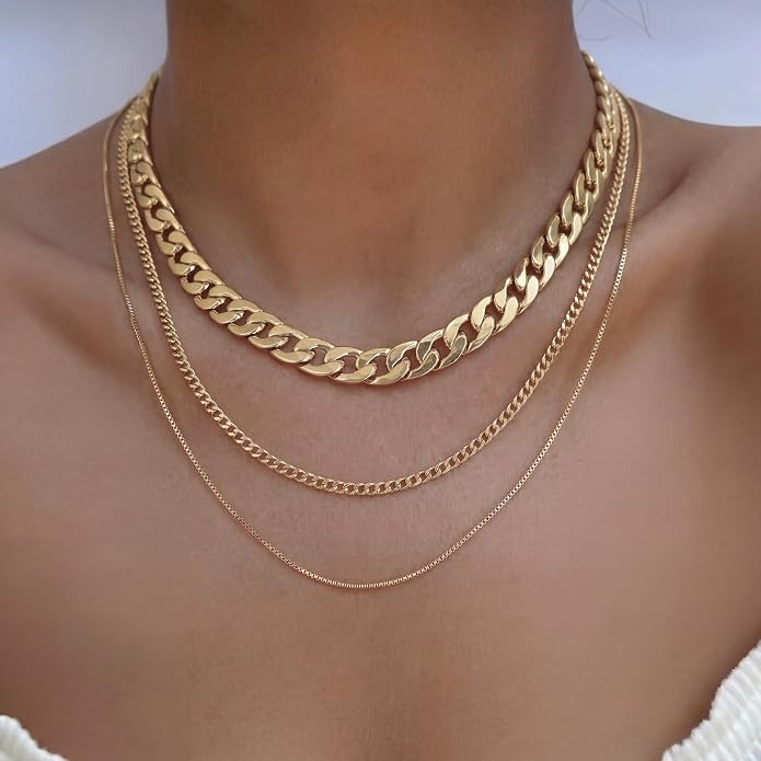 Tewiky Layered Necklaces for Women Non Tarnish- Chunky 14k Gold Plated Herringbone/Snake/Rope/Box/Cuban Link Chain for Women Waterproof Layering Stack Choker Necklace Trendy Dainty Tarnish Free Jewelry Set