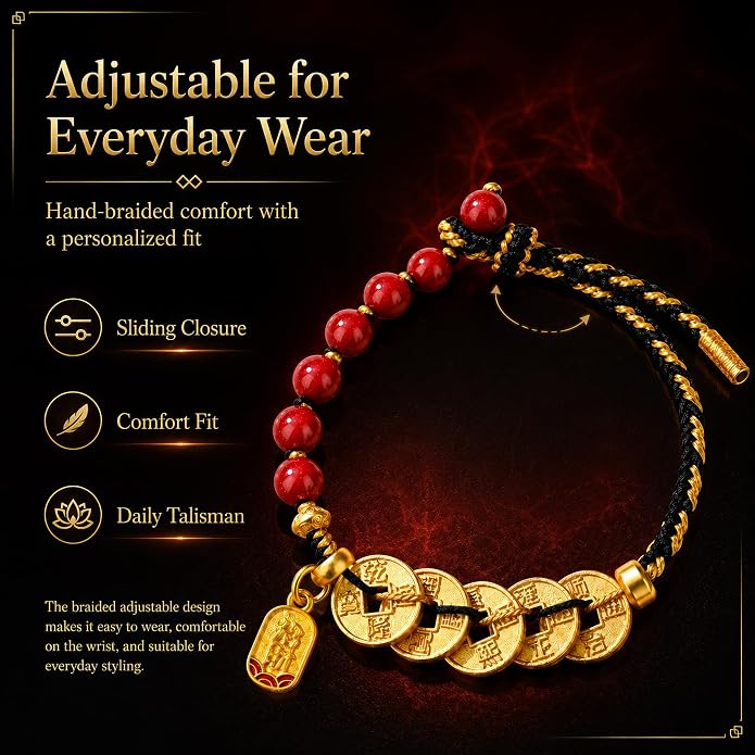 Feng Shui Bracelet with Five Emperor Coins, Beads Amulet for Wealth & Good Luck, Spiritual Protection Jewelry, Adjustable Ha