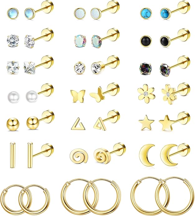 LOLIAS 21Pairs Surgical Steel Flat Back Earrings Hypoallergenic 20G Screw Back Nap Stack Cartilage Earring Stacks