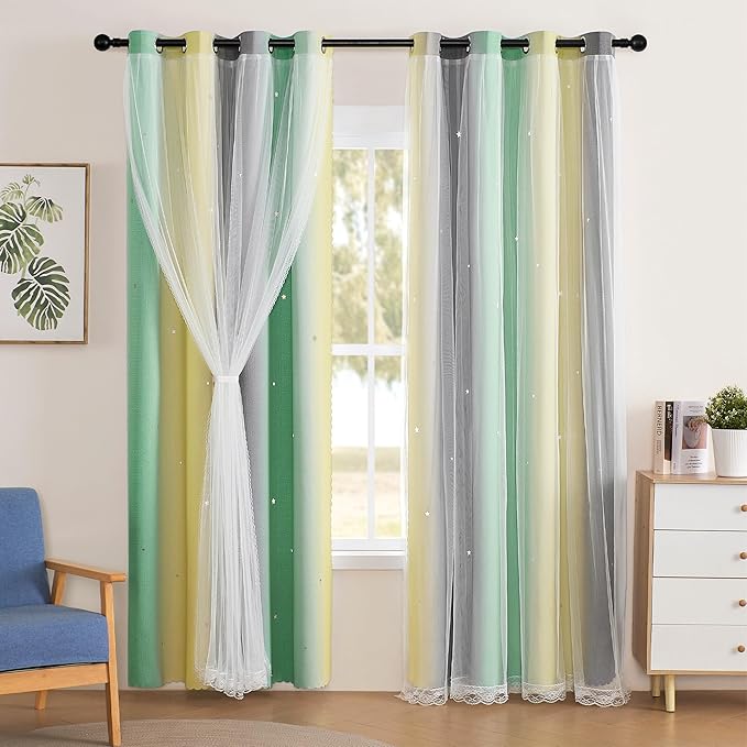 XiDi Yellow Curtains for Girls Bedroom Decor Short Blackout Curtains for Kids Room Rainbow Design for Girls Room Princess Unicorn Wall Decals Room Darkening Grey Green Yellow 34x54 Inches Long