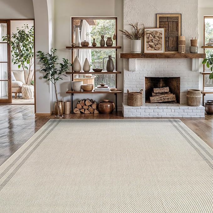 Luul Home Easy Jute Rugs 9x12 Bordered Bone Color Living Room Indoor Outdoor Area Rug for Patio and Kitchen Rug High Traffic Washable Easy to Clean Solid Boho Woven Design Outside Carpet (9 x 12)