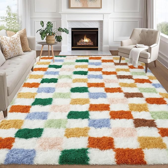 Garvee Large Area Rugs 10x13 Plush Fuzzy Rugs for Living Room,Colorful Checkered Rug Shag Rug for Bedroom, Modern Plush Soft High Pile Upgrade Non-Slip Carpet for Kids Girls and Boys Room Decor