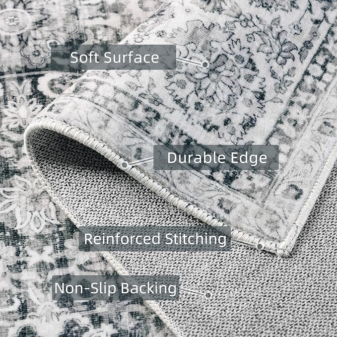 Grey Rug Runner 3x7 Ft Washable Hallway Runner Rug Runner Non-Slip Boho Vintage Runner Rugs with Rubber Backing Soft Distressed Carpet for Kitchen Bedroom
