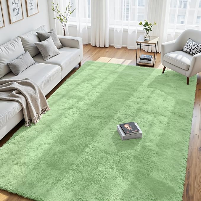 8x10 Area Rug for Living Room, Ultra Soft Fluffy Light Green Rugs for Bedroom, Non Slip Large Shag Carpet, Fuzzy Plush Nursery Rug, Thick Washable Indoor Floor Carpets for Kids Office Dorm Home Decor