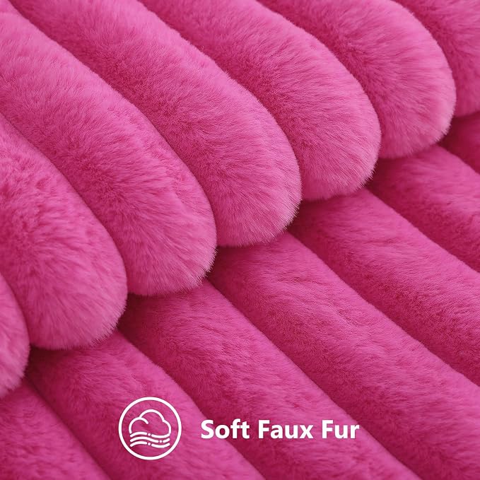 decorUhome Fall Faux Fur Throw Pillow Covers 22x22 Set of 2 Hot Pink | Decorative Soft Cozy Striped Plush Modern Farmhouse Boho Couch Pillow Cases Velvet Back for Sofa Bed Living Room Home Decor