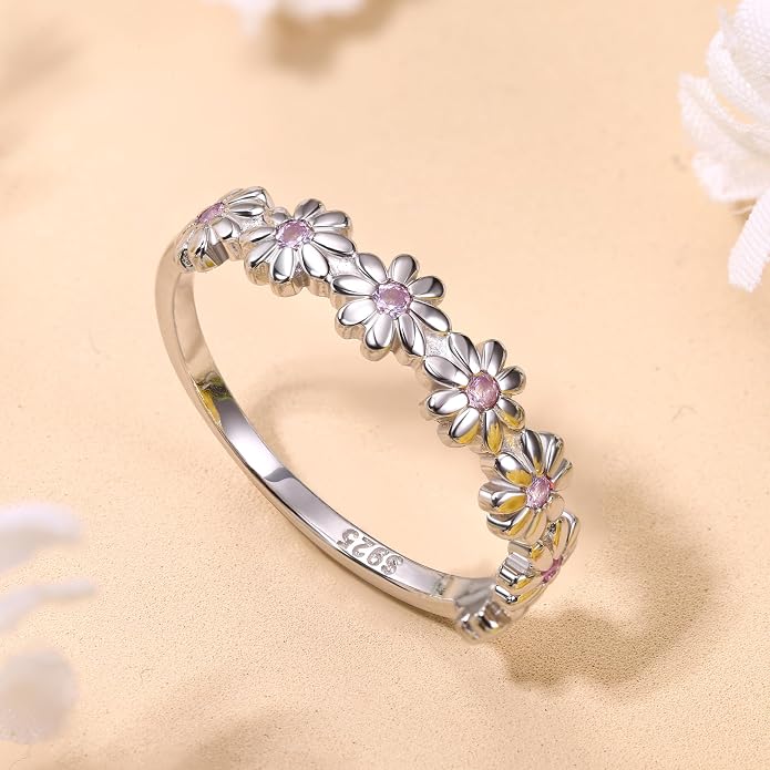 MILACOLATO 925 Sterling Silver Ring for Women, 18K Gold Plated Cubic Zirconia Daisy Flower Promise Rings for Her, Sunflower Stacking Statement Wedding Band Ring Size 5-11 (Anniversary/Valentine's/Mothers Day Jewelry Gifts)