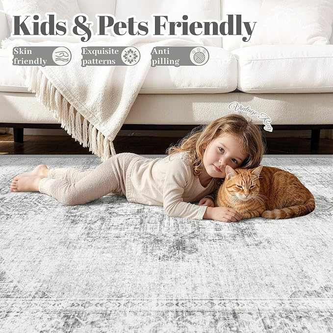 6X9 Area Rugs for Living Room, Washable Rugs Gray Vintage Medallion Non-Slip Soft Low Pile Rug Large Indoor Retro Carpet for Bedroom Dining Room Home Office Nursery Room(Gray,6'x9')