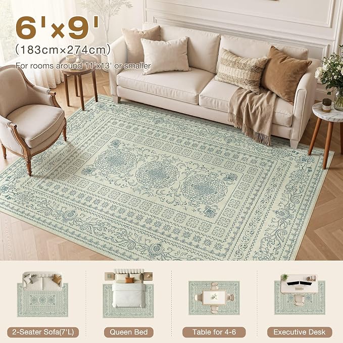 Nakagishi 6x9 Area Rugs Living Room: Washable Large Vintage Rug Neutral Non-Slip Soft Stain Resistant Indoor Carpet for Bedroom Nursery Dining Room Office Playroom - Forest Green