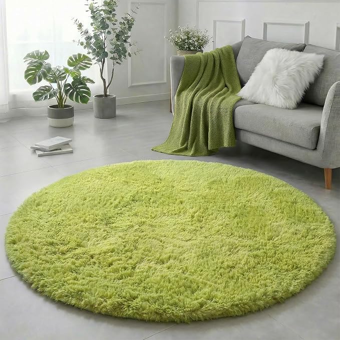 Amdrebio Grass Green Round Rugs 6Ft for Living Room Bedroom Decor Aesthetic, Large Fluffy Shaggy Circle Area Rug for Kids Playroom Baby Nursery, Big Soft Shag Fuzzy Modern Cool Floor Circular Carpet