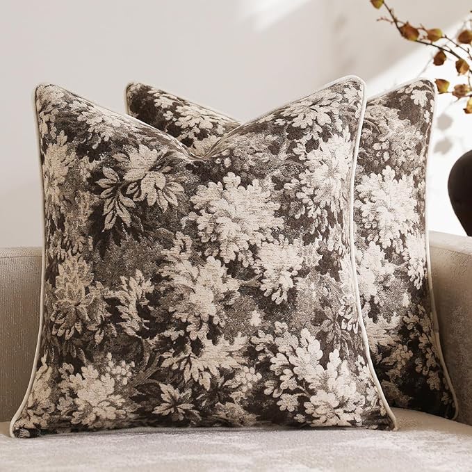 DEZENE Pack of 2 Vintage Floral Euro Sham Covers 24x24 Boho Farmhouse Accents Chenille Square Decorative Throw Pillow Cases for Living Room Couch Bed Home Decor, Grey