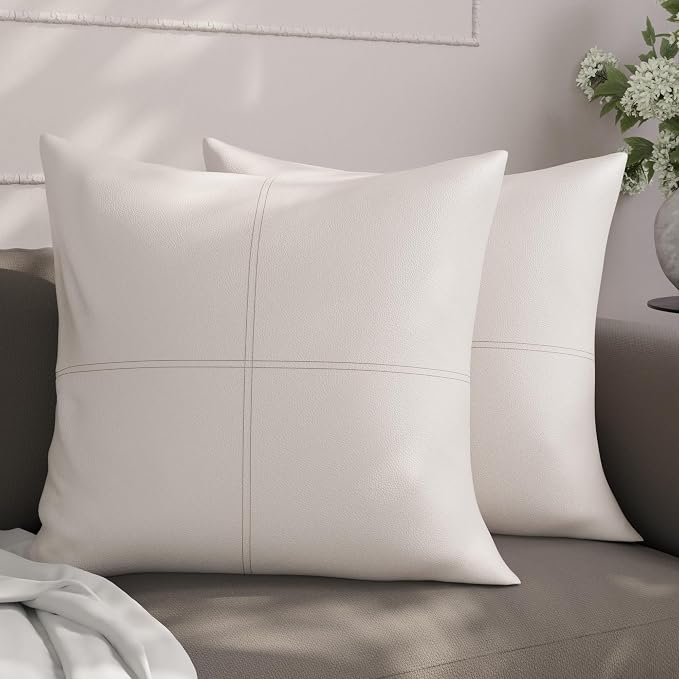 Encasa XO Faux Leather Throw Pillows Covers 18"x18" (Set of 2) | Cream Stitch Decorative Cushion Covers | Modern Farmhouse Pillow Cases for Outdoor, Living Room, Bedroom, Couch, Sofa
