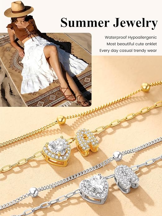 Bestyle Initial Anklet Bracelets for Women Waterproof Non Tarnish 14K Gold/White Gold Plated CZ Anklets for Women Dainty Layered Letter Heart Ankle Bracelets Adjustable Foot Chain Anklet